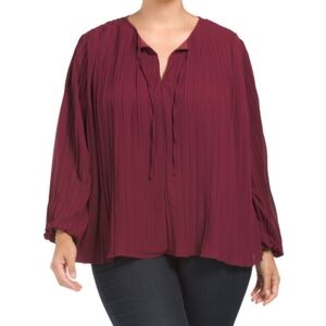 Adiva | Long Sleeve Pleated Tie Neck Blouse Balloon Sleeves Burgundy Boho Office